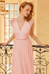Blush V Neck Lace Bridesmaid Dress