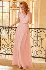 Blush V Neck Lace Bridesmaid Dress