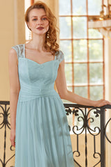 Elegant White Long Lace Dress with Cap Sleeves
