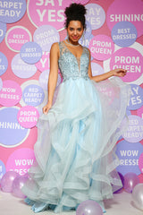 Beaded Light Blue V-Neck Tulle Prom Dress