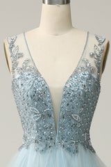 Beaded Light Blue V-Neck Tulle Prom Dress
