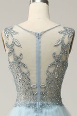 Beaded Light Blue V-Neck Tulle Prom Dress