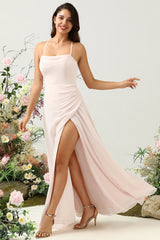 Pink Mermaid Chiffon Long Bridesmaid Dress with Slit