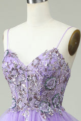 A Line Spaghetti Straps Purple Long Prom Dress with Appliques