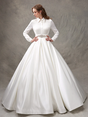 Ball Gown Wedding Dresses High Neck  Satin Long Sleeve Glamorous Sparkle & Shine with Bowknot Sash  Ribbon Beading