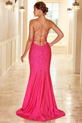 Mermaid Spaghetti Straps Fuchsia Party Dress with Beading