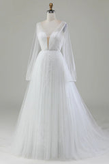 Ivory A-line V-neck long sleeved pleated sheer wedding dress