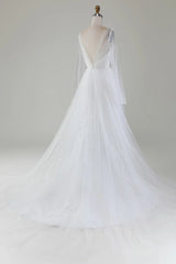 Ivory A-line V-neck long sleeved pleated sheer wedding dress