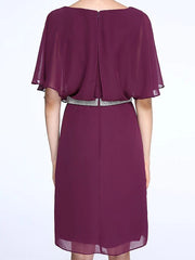 Mother of the Bride Dress Elegant Bateau Neck Knee Length Chiffon Half Sleeve with Crystals