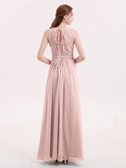 Halter Chiffon Bridesmaid Dresses with Bow Sash-Dusty Rose
