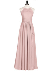 Halter Chiffon Bridesmaid Dresses with Bow Sash-Dusty Rose
