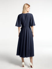 V-neck Half Sleeves Tea Length Chiffon Dress-Dark Navy