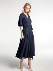V-neck Half Sleeves Tea Length Chiffon Dress-Dark Navy