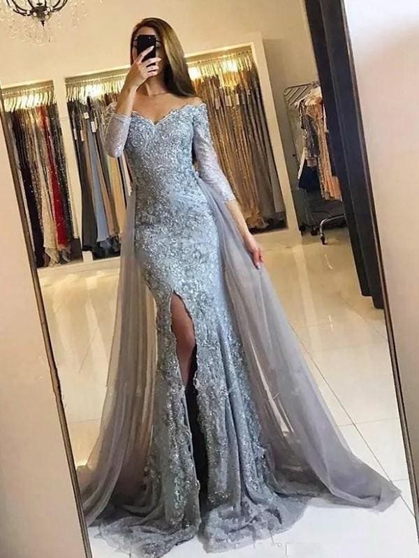 A| Bridelily Long Sleeves Off-The-Shoulder Sweep Train Lace Dresses