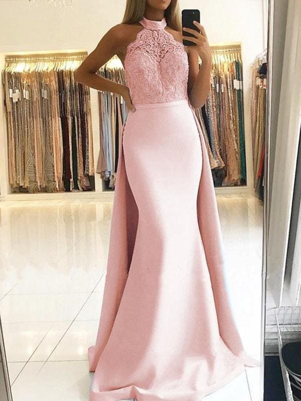 A| Bridelily Mermaid Sleeveless Halter Sweep Train Lace Satin Dresses