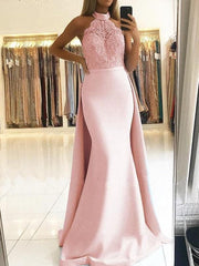 A| Bridelily Mermaid Sleeveless Halter Sweep Train Lace Satin Dresses