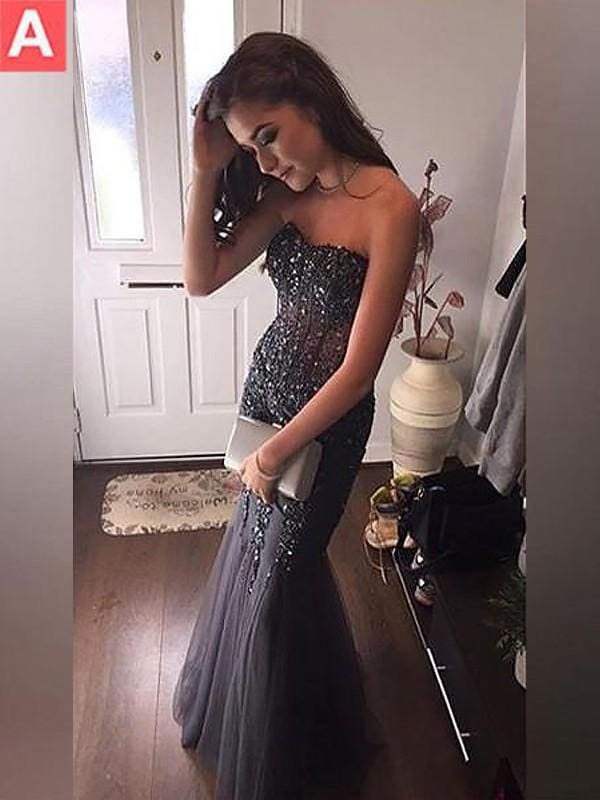 A| Bridelily Mermaid Strapless Tulle With Sequin Floor-Length Dresses
