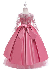 A-Line 3/4 Length Sleeve Jewel Neck Cotton Lace Ball Gown Flower Girl Dresses With Lace Sash Ribbon Pleats