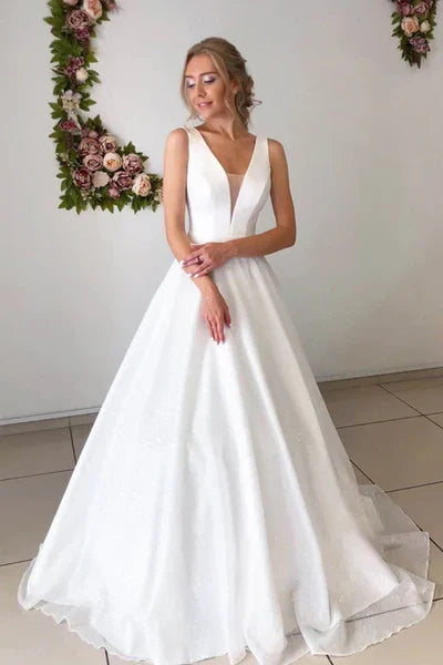 A-line Attractive V-neck Simple Wedding Dress Rustic Wedding Gown White Sexy