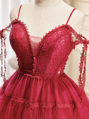 Robe de bal courte en dentelle bordeaux en ligne, robes de retour gonflées bordeaux