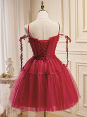 Robe de bal courte en dentelle bordeaux en ligne, robes de retour gonflées bordeaux