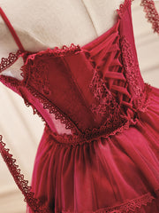 Robe de bal courte en dentelle bordeaux en ligne, robes de retour gonflées bordeaux