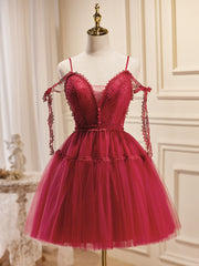 Robe de bal courte en dentelle bordeaux en ligne, robes de retour gonflées bordeaux