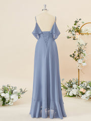 A-lijn chiffon koude schouder ruches asymmetrische bruidsmeisje jurk