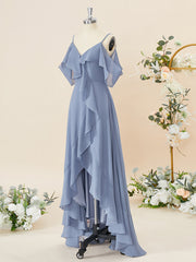 A-lijn chiffon koude schouder ruches asymmetrische bruidsmeisje jurk