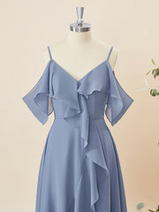 A-lijn chiffon koude schouder ruches asymmetrische bruidsmeisje jurk