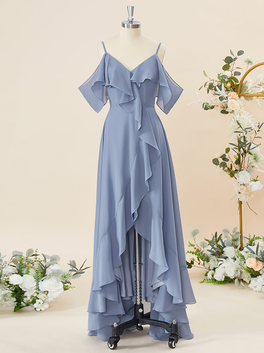 A-lijn chiffon koude schouder ruches asymmetrische bruidsmeisje jurk