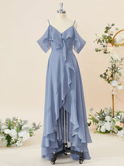 A-lijn chiffon koude schouder ruches asymmetrische bruidsmeisje jurk