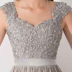A-line Chiffon Formal Dress Silver Lace Appliques Evening Dress