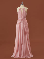 A-lijn Chiffon Halter geplooide asymmetrische bruidsmeisjurk