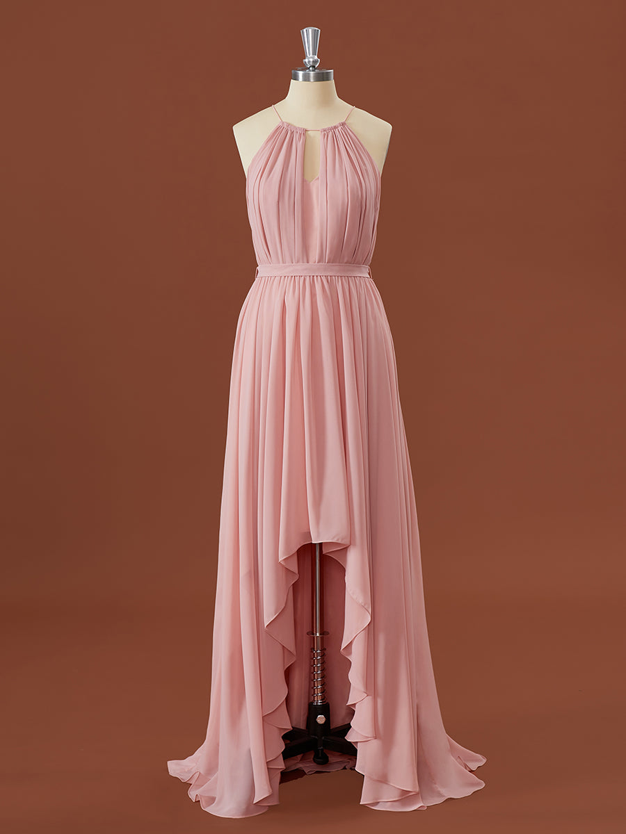 A-lijn Chiffon Halter geplooide asymmetrische bruidsmeisjurk