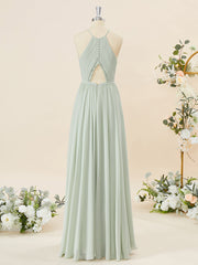 A-lijn chiffon halter geplooide vloerlengte bruidsmeisje jurk