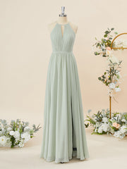 A-lijn chiffon halter geplooide vloerlengte bruidsmeisje jurk