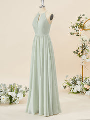 A-lijn chiffon halter geplooide vloerlengte bruidsmeisje jurk