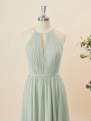 A-lijn chiffon halter geplooide vloerlengte bruidsmeisje jurk