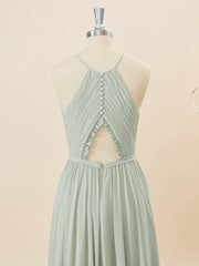 A-lijn chiffon halter geplooide vloerlengte bruidsmeisje jurk