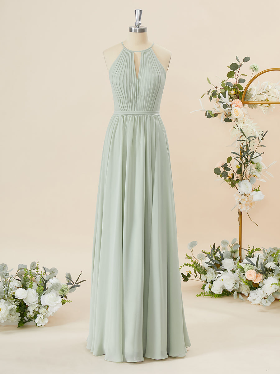 A-lijn chiffon halter geplooide vloerlengte bruidsmeisje jurk