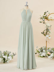 A-lijn chiffon halter geplooide vloerlengte bruidsmeisje jurk