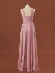 A-lijn chiffon halter geplooide vloerlengte bruidsmeisje jurk