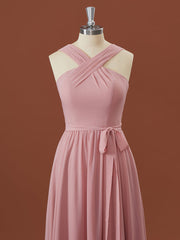 A-lijn chiffon halter geplooide vloerlengte bruidsmeisje jurk