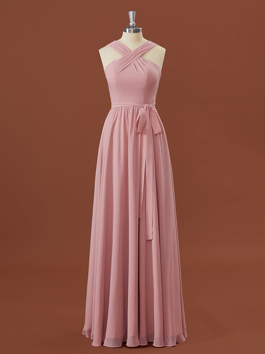 A-lijn chiffon halter geplooide vloerlengte bruidsmeisje jurk