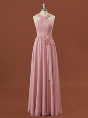 A-lijn chiffon halter geplooide vloerlengte bruidsmeisje jurk