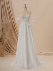 A-line Chiffon Off-the-Shoulder Appliques Lace Court Train Wedding Dress