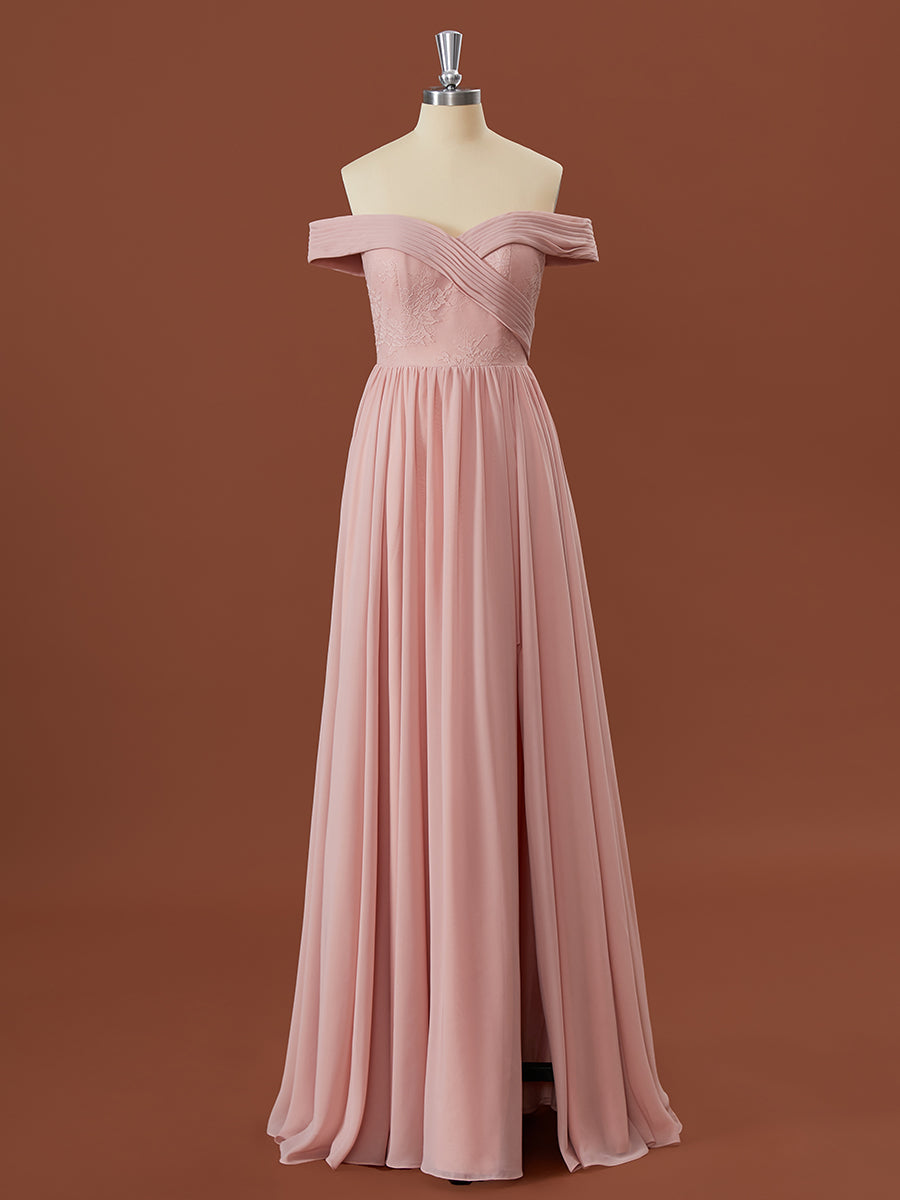 A-lijn chiffon off-the-shoulder appliques kanten vloerlengte bruidsmeisje jurk
