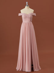 A-lijn chiffon off-the-shoulder appliques kanten vloerlengte bruidsmeisje jurk