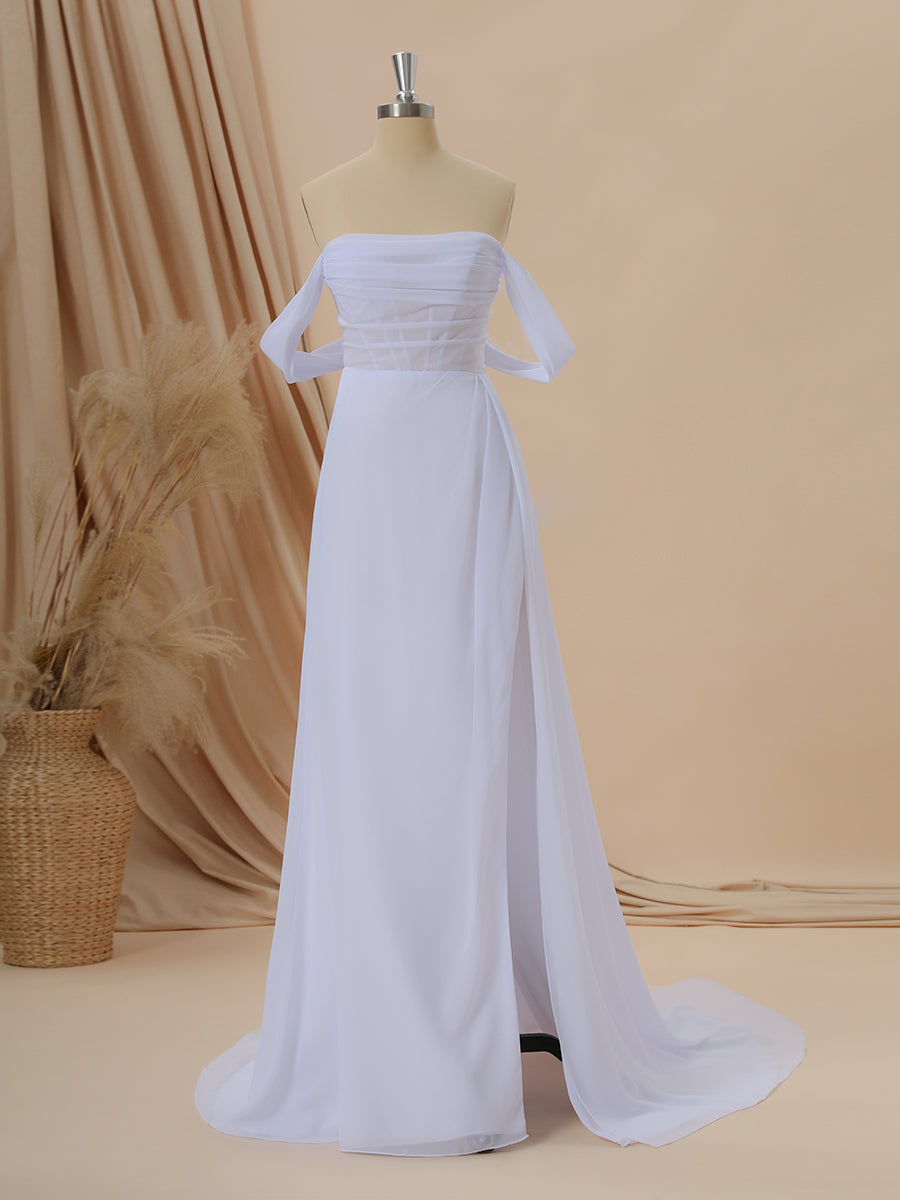 A-line Chiffon Off-the-Shoulder Pleated Court Train Corset Wedding Dress